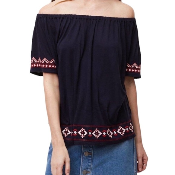 LOFT Tops - Loft Off Shoulder Embroidered Top Medium Soft Stretchy Navy Blue Red Blouse